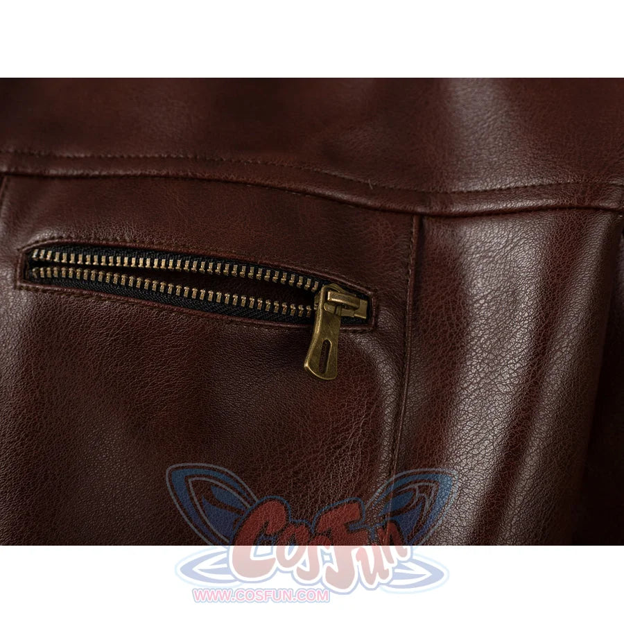 Scott Summers cosplay coat zipper close-up traces metal teeth across textured brown PU leather.
