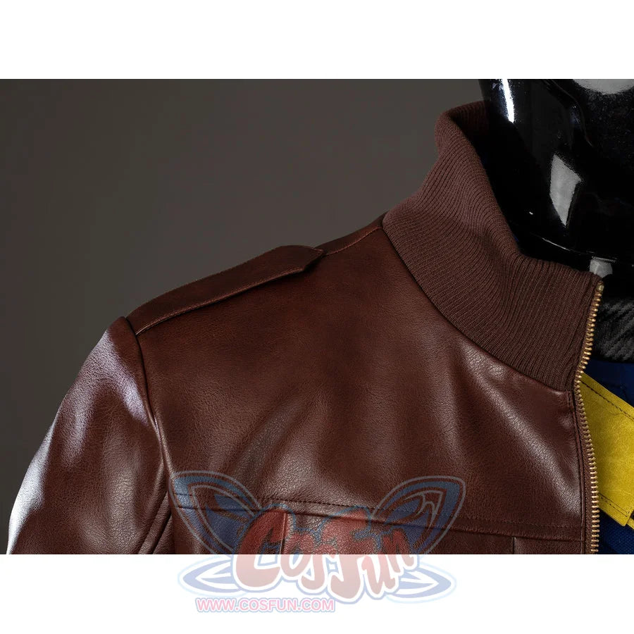 Scott Summers cosplay coat collar detail sets ribbed trim above glossy brown shoulder panels.