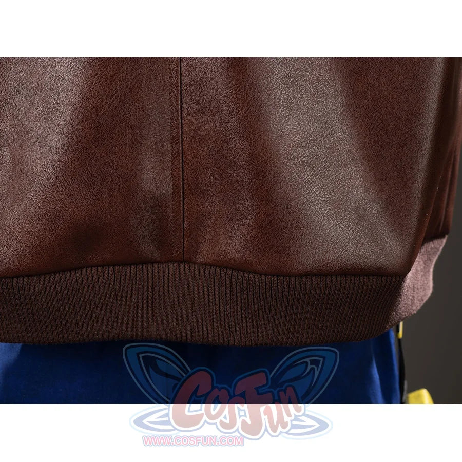 Scott Summers cosplay coat back hem detail sets ribbed knit trim below smooth brown panels.