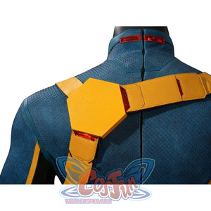 Scott Summers cosplay harness close-up with layered yellow straps over the blue-green back panel.