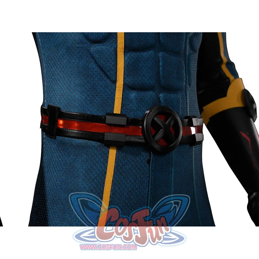 Scott Summers cosplay belt close-up with a red stripe and round black center buckle.