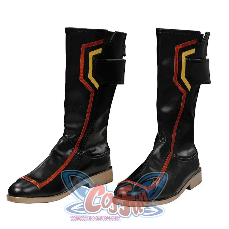 Scott Summers cosplay boots front view with tall black shafts and red-and-yellow knee panels.