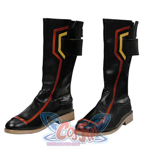 Scott Summers cosplay boots angled view with red side lines beside yellow trim and black ankle straps.