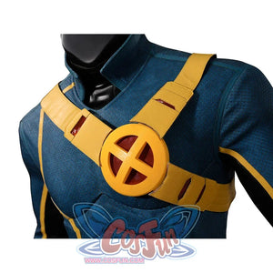 Scott Summers cosplay chest detail with a yellow harness and round red-and-yellow center emblem.
