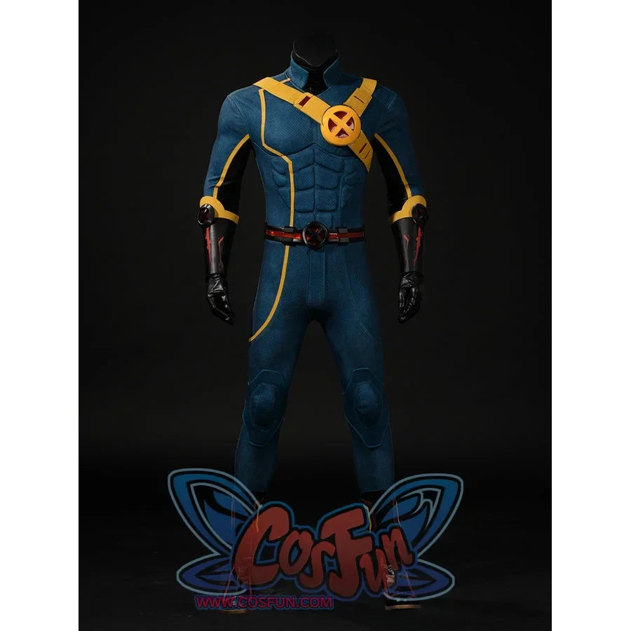 Scott Summers cosplay costume angled view with a padded blue-green suit and yellow harness lines.