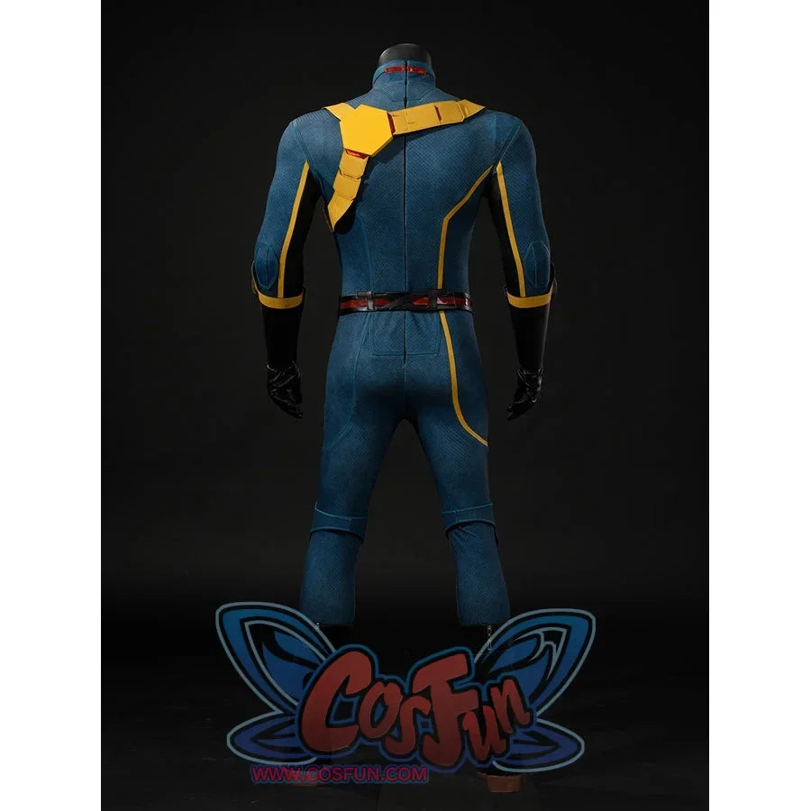 Scott Summers cosplay costume back view with a yellow shoulder harness over the blue-green suit.