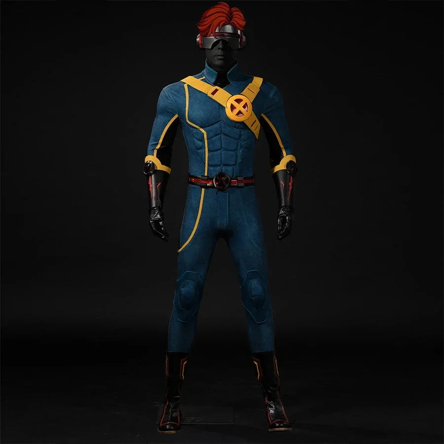 Scott Summers cosplay costume front view with a blue-green suit and yellow chest harness.