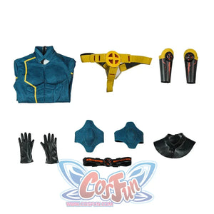 Scott Summers cosplay costume set flat lay with the blue-green outfit and yellow accessories arranged for viewing.