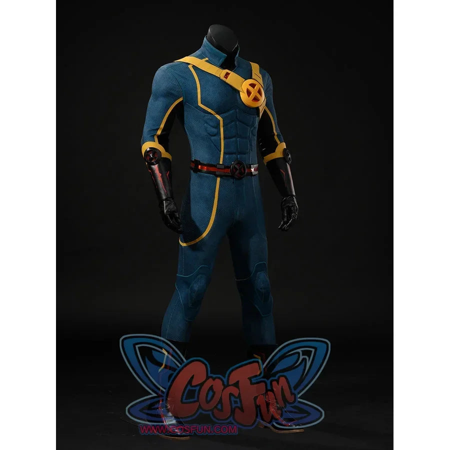 Scott Summers cosplay costume side view with yellow suit piping and black shoulder panels.