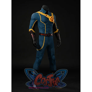 Scott Summers cosplay costume side view with yellow suit piping and black shoulder panels.