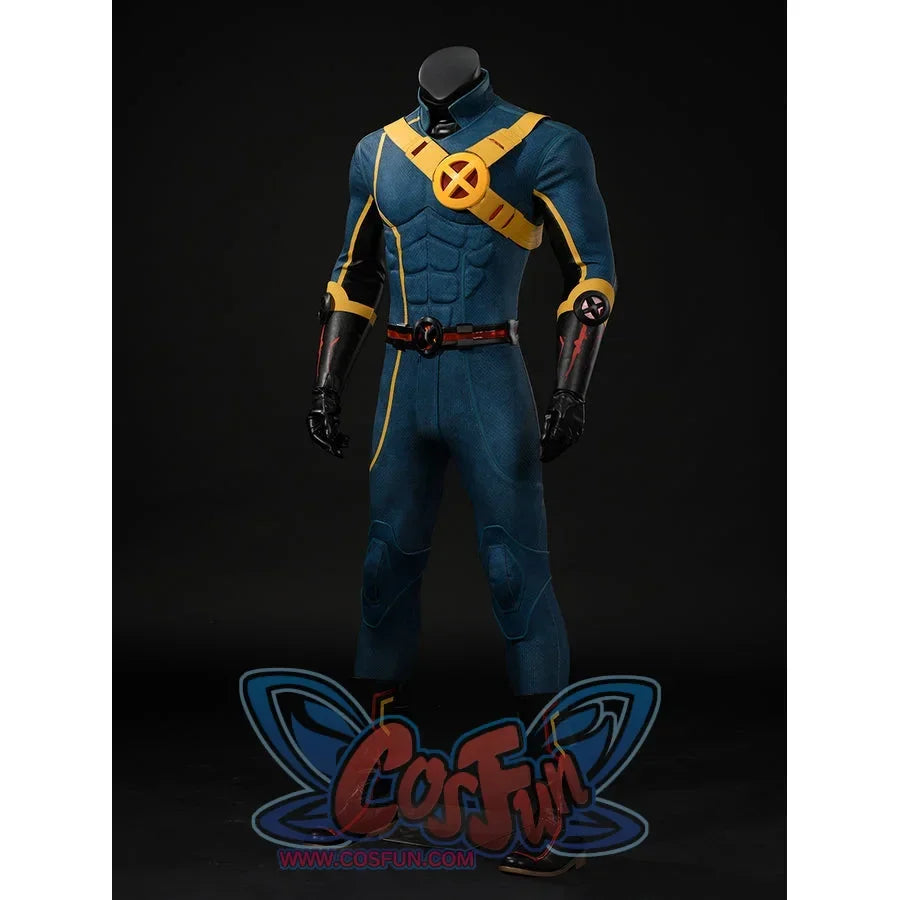 Scott Summers cosplay costume three-quarter view with black wrist guards and a red-accented belt.