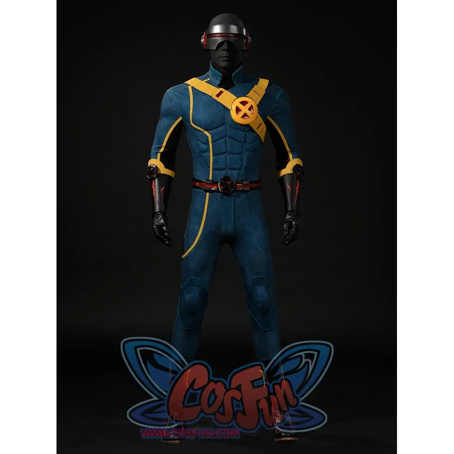 Scott Summers cosplay costume front view with a blue-green suit and yellow chest harness.