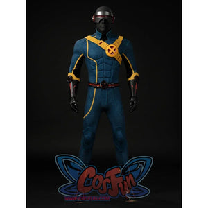 Scott Summers cosplay costume front view with the optional red-and-black visor and yellow harness.