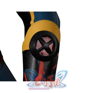 Scott Summers cosplay elbow guard close-up with a black circle over a red center and yellow cuff.