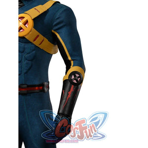 Scott Summers cosplay forearm guard view with red markings and a round black-and-red emblem.