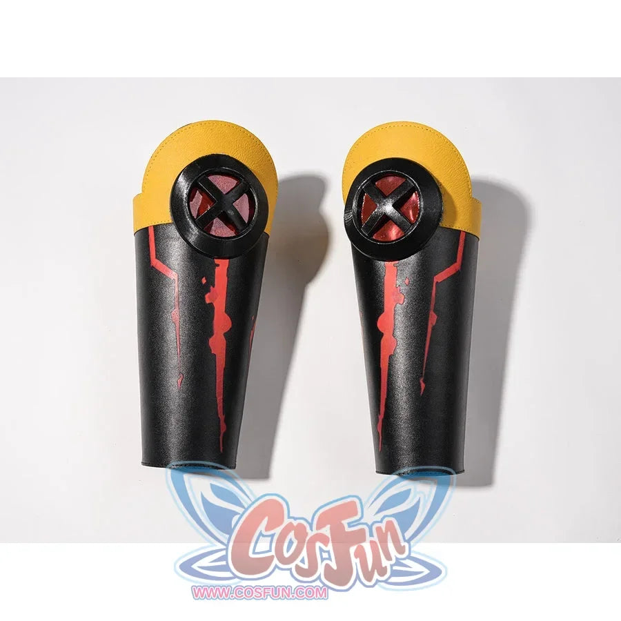 Scott Summers cosplay forearm guards flat lay with yellow cuffs above black panels with red markings.