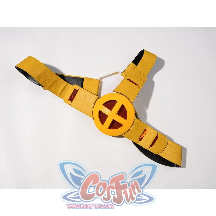 Scott Summers cosplay harness flat lay with yellow straps and a round red-and-yellow emblem.
