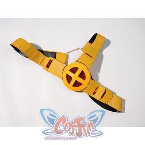 Scott Summers cosplay harness flat lay with yellow straps and a round red-and-yellow emblem.