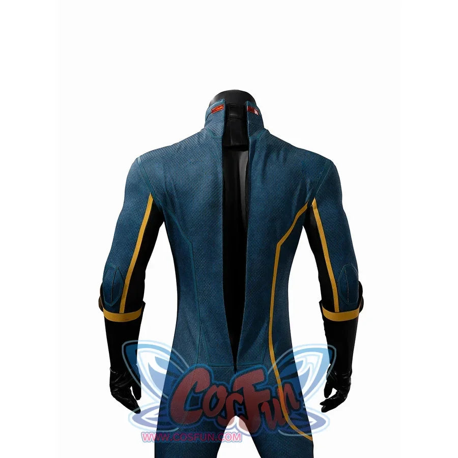 Scott Summers cosplay jumpsuit back view with yellow side piping and a center closure.