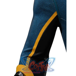 Scott Summers cosplay pants detail with a yellow side stripe beside blue-green textured fabric.