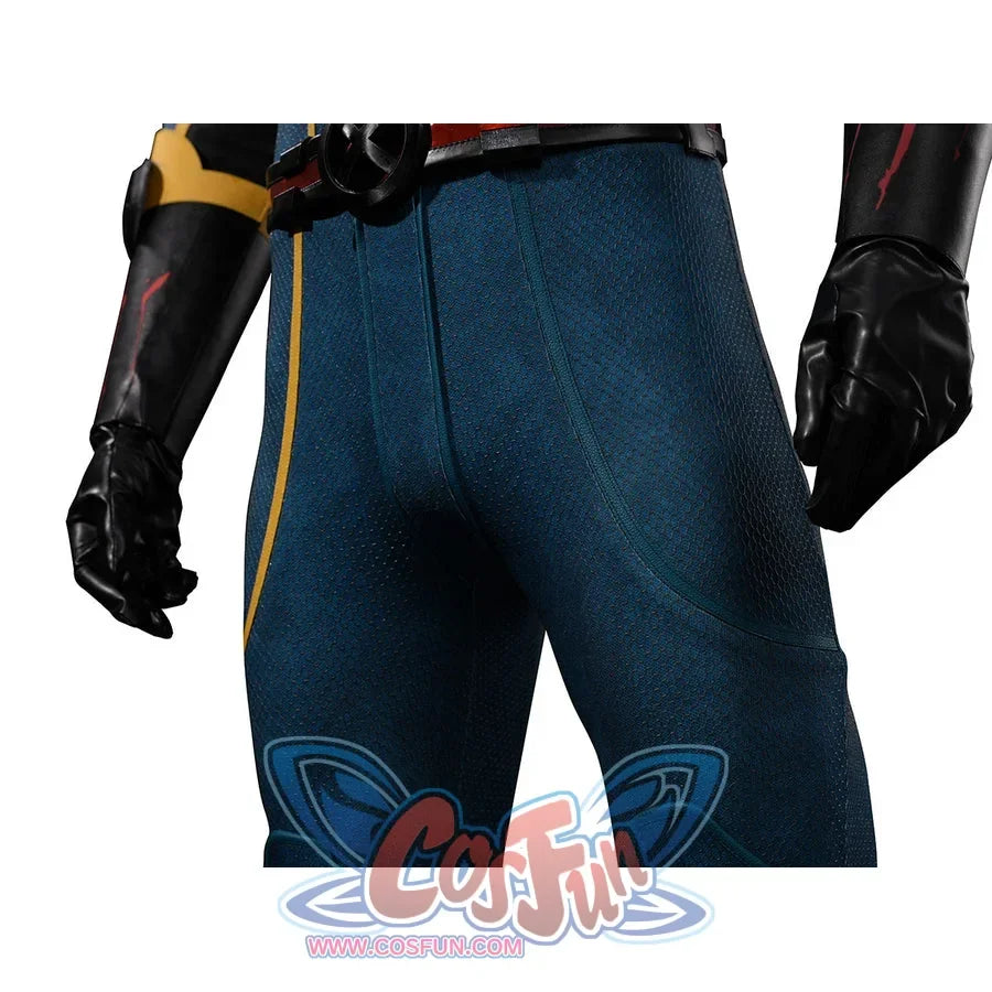 Scott Summers cosplay pants waist detail with fitted blue-green fabric and black side panels.