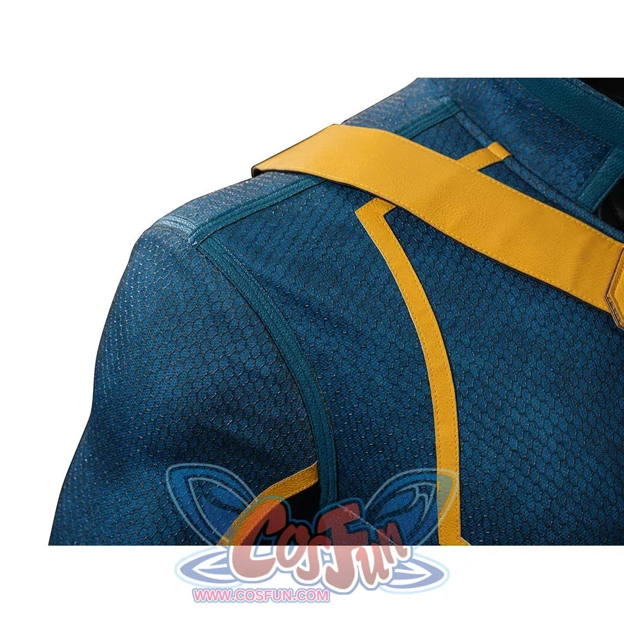 Scott Summers cosplay shoulder detail with layered yellow harness straps over blue-green fabric.