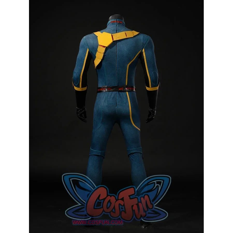Scott Summers cosplay suit back view with yellow harness panels and fitted blue-green fabric.