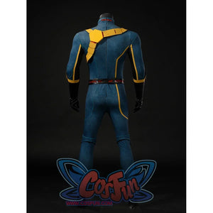 Scott Summers cosplay suit back view with yellow harness panels and fitted blue-green fabric.