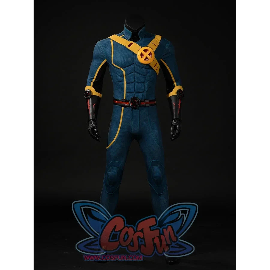 Scott Summers cosplay suit front view with padded torso panels and yellow trim without the visor.