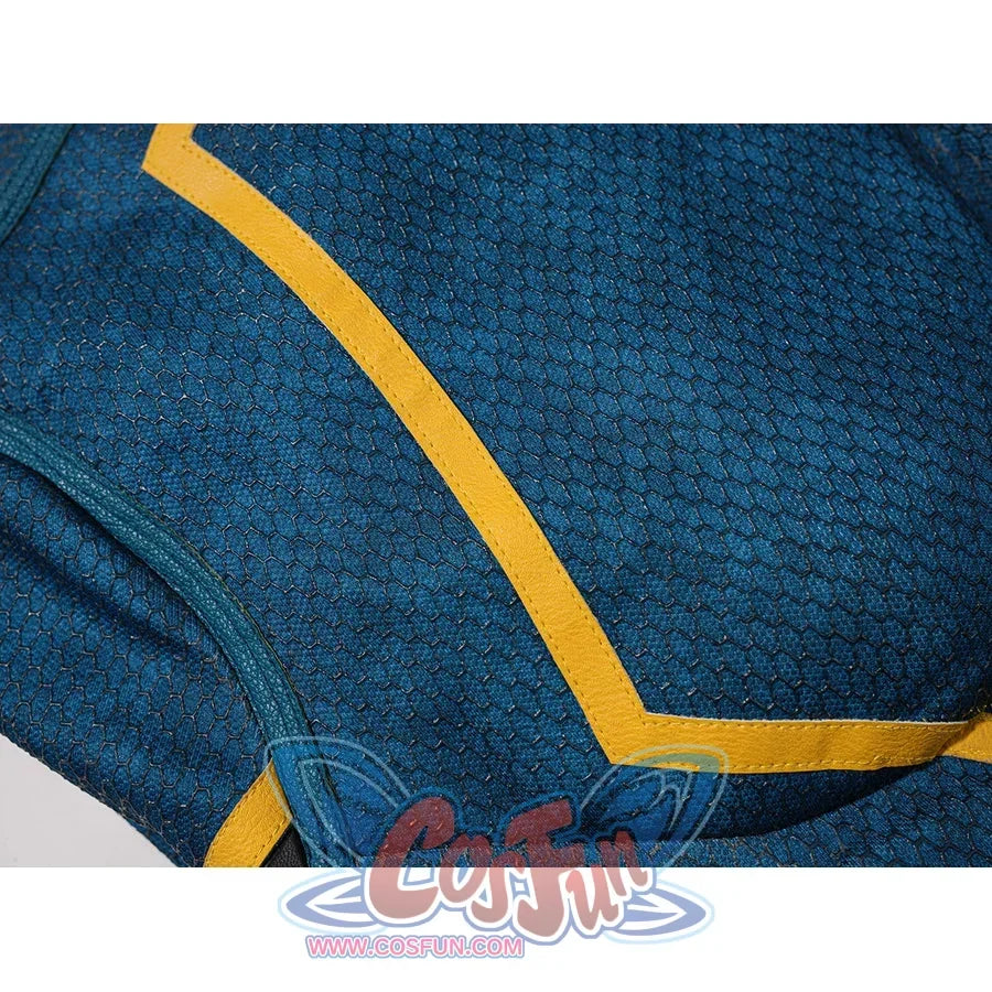 Scott Summers cosplay suit close-up with textured blue-green fabric and narrow yellow piping.