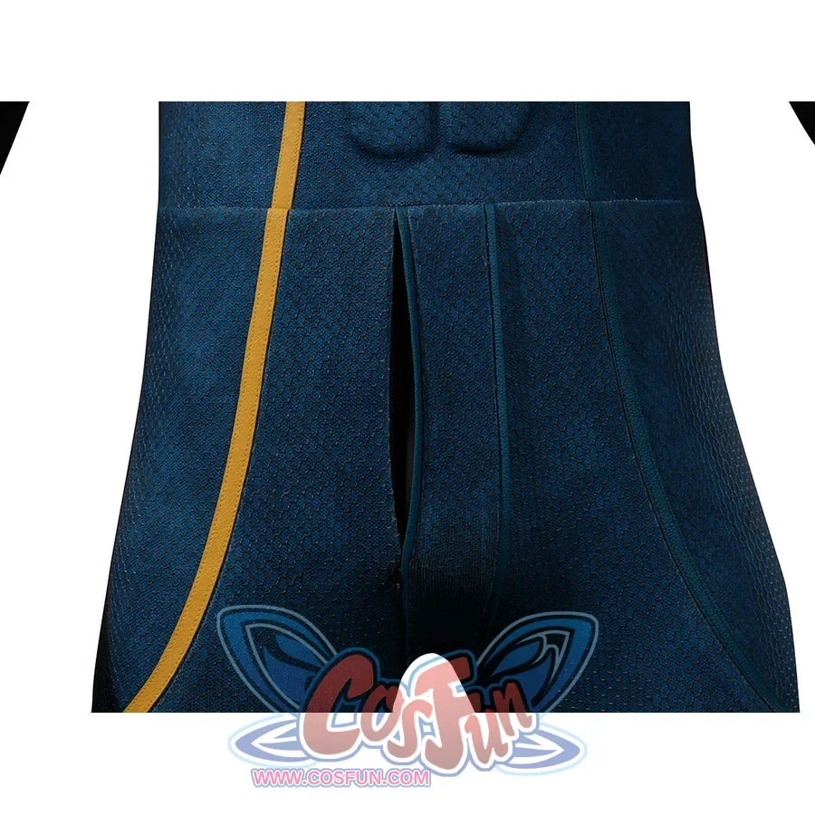 Scott Summers cosplay pants thigh detail with a narrow yellow stripe on textured blue-green fabric.