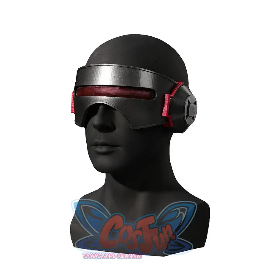 Scott Summers cosplay visor angled view with a red lens band and layered circular side pieces.