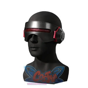 Scott Summers cosplay visor angled view with a red lens band and layered circular side pieces.