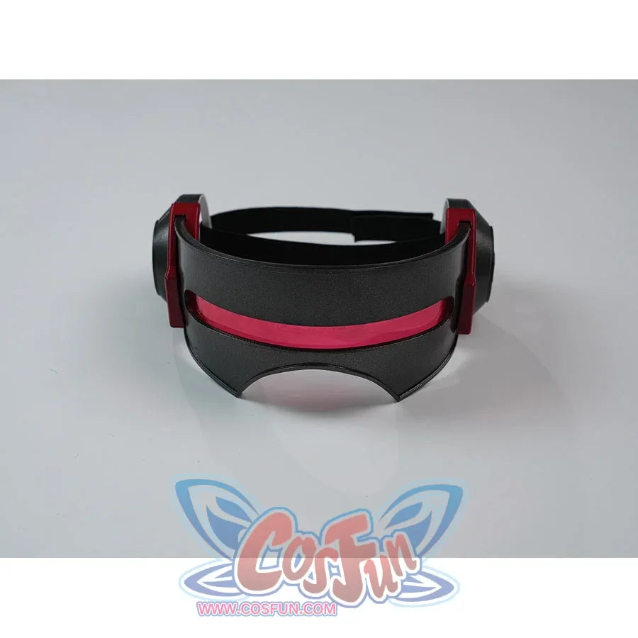 Scott Summers cosplay visor flat lay with a curved red-and-black front and open head band.