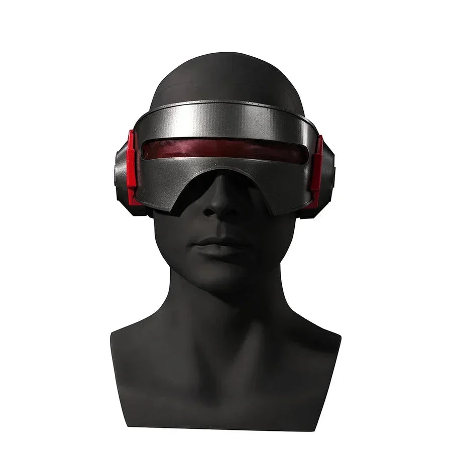 Scott Summers cosplay visor front view with a broad dark lens above a red center band and black side panels.
