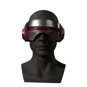 Scott Summers cosplay visor front view with a broad dark lens above a red center band and black side panels.