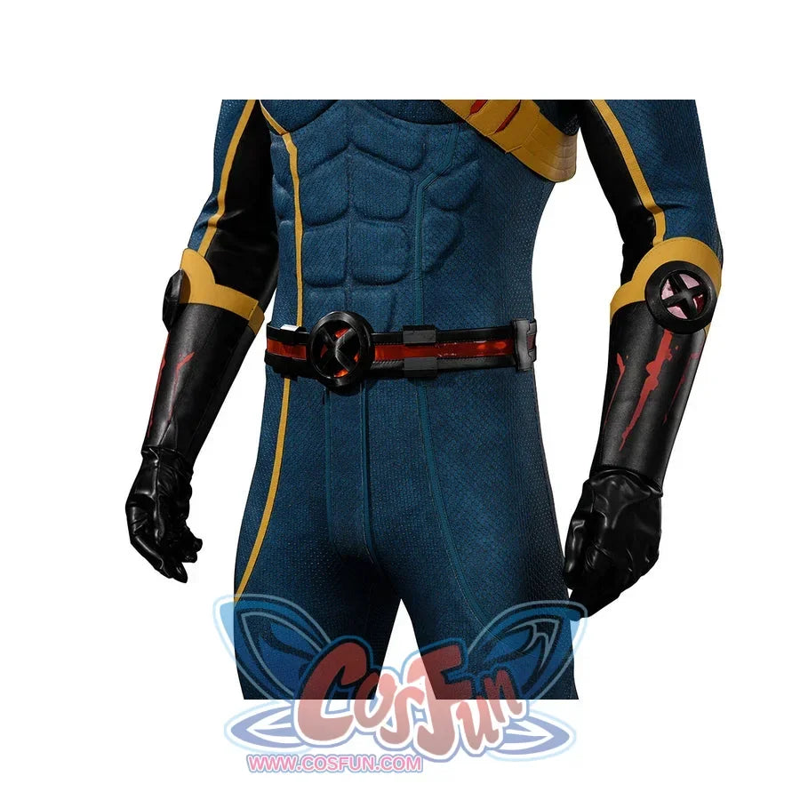 Scott Summers cosplay waist view with a red-accented belt between black gloves and forearm guards.