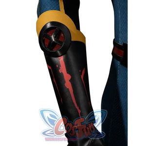 Scott Summers cosplay wrist guard detail with a red front panel and circular emblem.