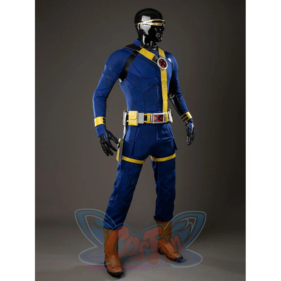 Scott Summers cosplay costume angled view sets yellow harness straps over a blue jumpsuit and utility belt.