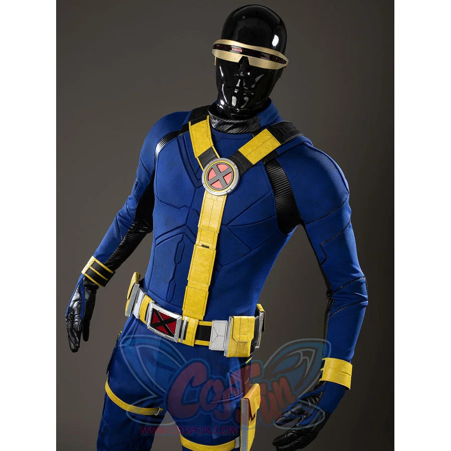 Scott Summers cosplay costume angled torso view frames the blue chest with yellow harness straps and belt.