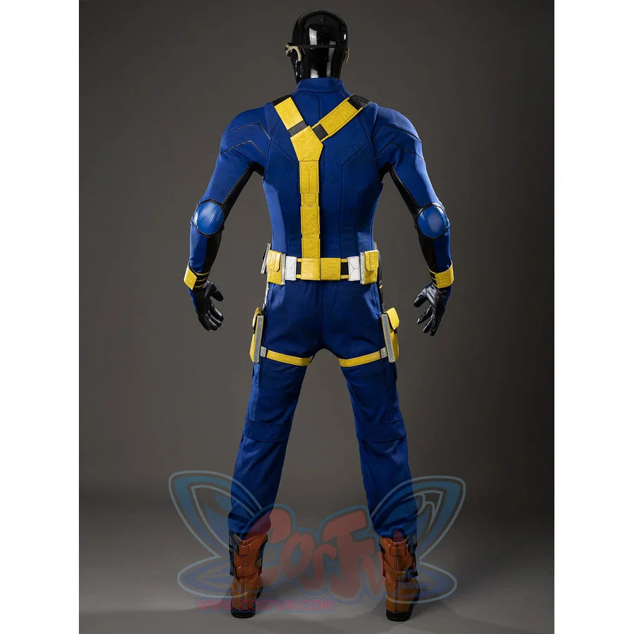 Scott Summers cosplay costume back view crosses yellow harness straps over a blue jumpsuit and belt pouches.