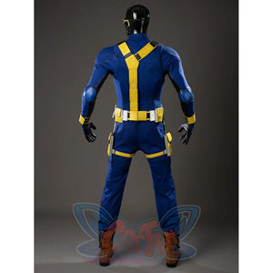 Scott Summers cosplay costume back view crosses yellow harness straps over a blue jumpsuit and belt pouches.