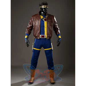 Scott Summers cosplay costume sets a brown coat over a blue jumpsuit as yellow straps cross the chest.