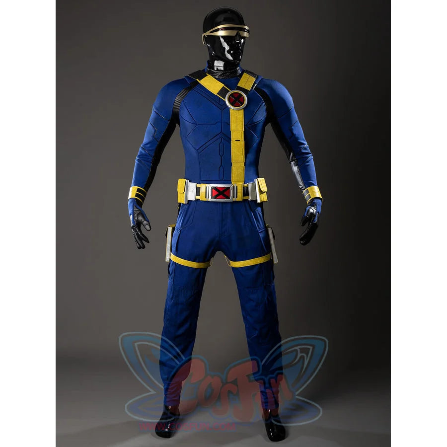 Scott Summers cosplay costume front view centers the blue jumpsuit, yellow chest strap and utility belt.