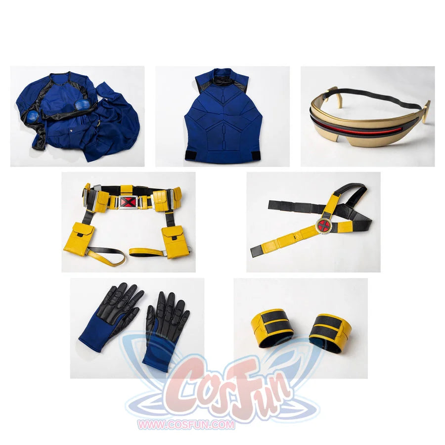 Scott Summers cosplay costume set layout groups the blue jumpsuit beside glasses and utility accessories.