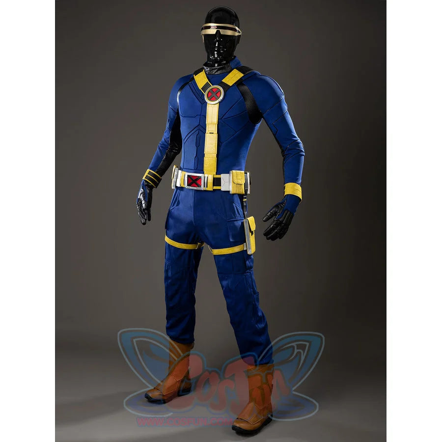 Scott Summers cosplay costume angled view balances a blue jumpsuit, yellow straps and visor glasses.