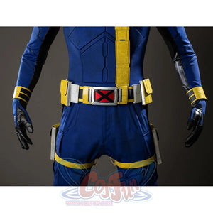 Scott Summers cosplay belt detail sets gray buckle plates and yellow pouches across the blue jumpsuit waist.