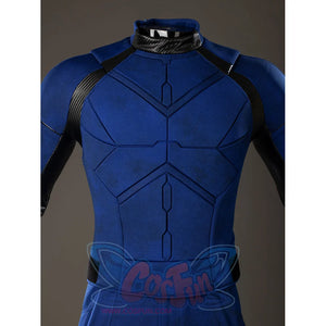 Scott Summers cosplay jumpsuit torso detail maps raised blue chest seams beneath black shoulder panels.