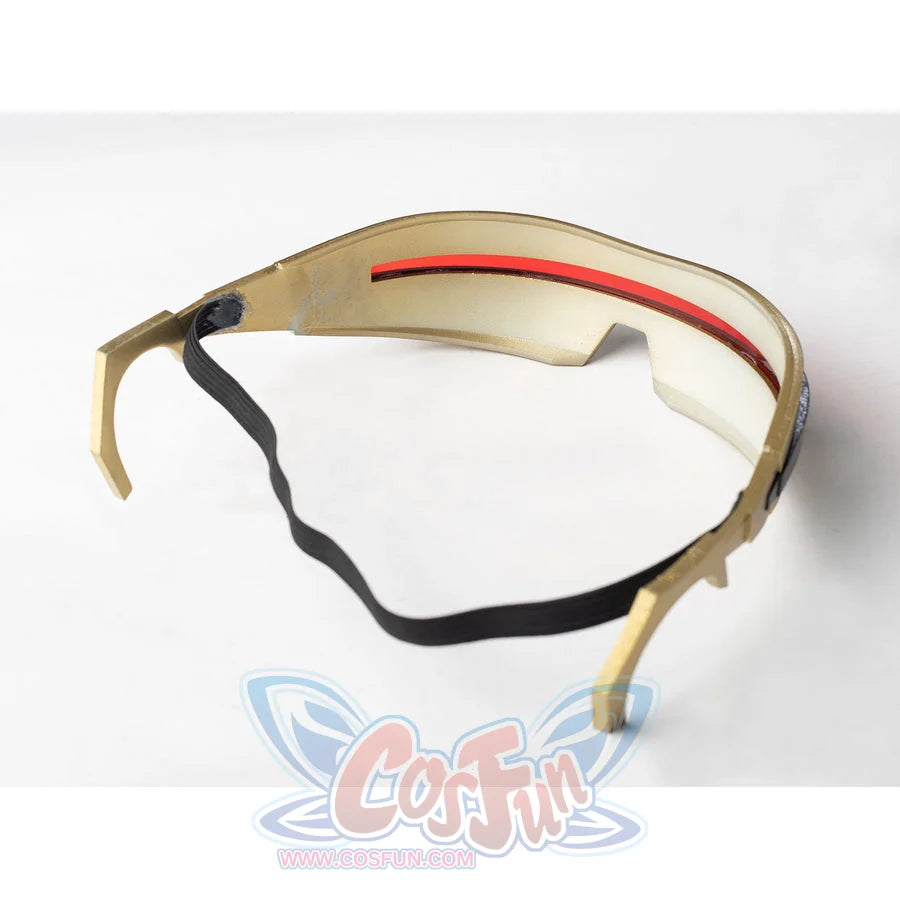 Scott Summers cosplay glasses inside view reveals a gold-tone frame, red lens strip and black elastic band.