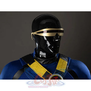Scott Summers cosplay glasses close-up pairs a gold-tone visor frame with a slim red lens stripe.